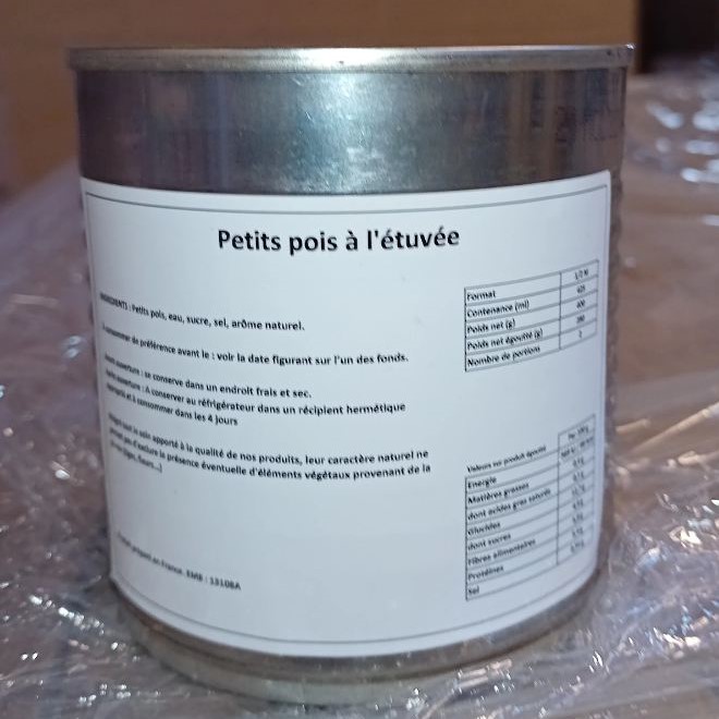 Petits Pois à l'étuvée France Déstockage - Boite intacte 1/2 PN 400g PNE 280g - DDM minimum 2026